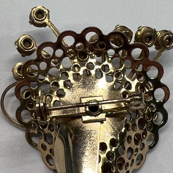 Vintage Blue Rhinestone Prong Set Brooch Flower Basket Gold Tone Costume Pin - Picture 6 of 9